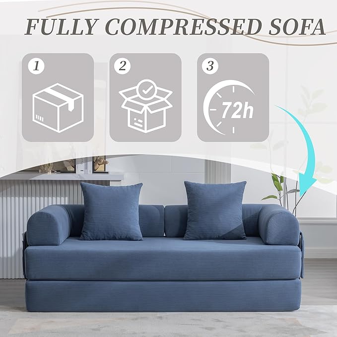 4‑in‑1 Convertible Sleeper Sofa Bed DIY Combination Floor Sofa Lounge Couch with Cylindrical Pillow Corduroy Futon Folding Mattress Couch for Apartment Bedroom Playroom Navy Blue