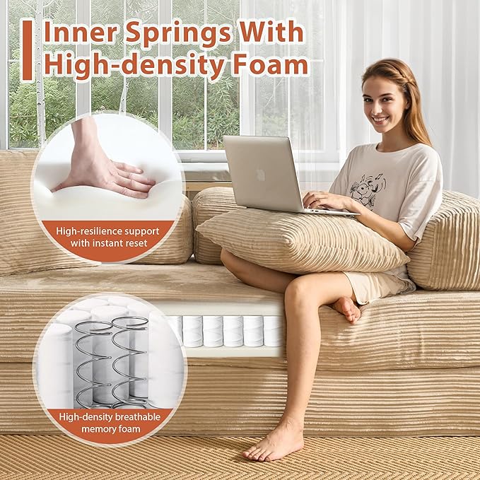 81'' Foldable Sofa Bed Convertible Sleeper Sofa with Fixed-Shape Frame Boneless Corduroy Foldable Couch Bed for Small Spaces Living Room Bedroom Studio(BeigeCorduroy Sofa Bed)