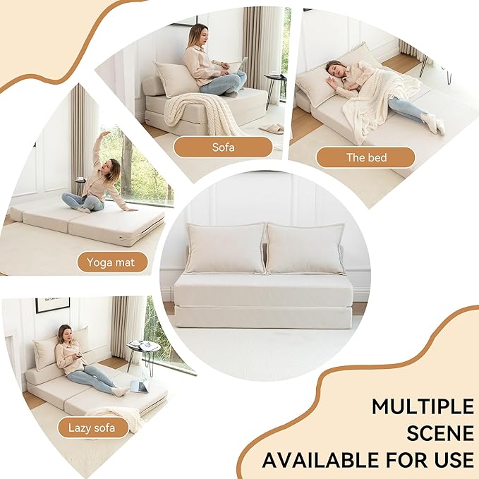 47.6'' Folding Sofa Bed 4 in 1 Convertible Sleeper Chair with 2 Pillows Corduroy Boneless Sofa Bed High-Density Foam Floor Lazy Pull Out Loveseat Couch for Living Room Lounge Beige