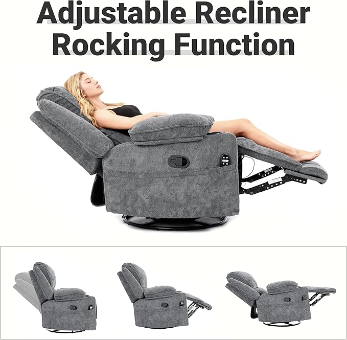 360° Swivel Rocking Recliner Multi-Functional Chair with Heating Massage Functions Equipped with Remote Control Cup Holder Suitable for Living Room &amp Bedroom Use Chenille Fabric