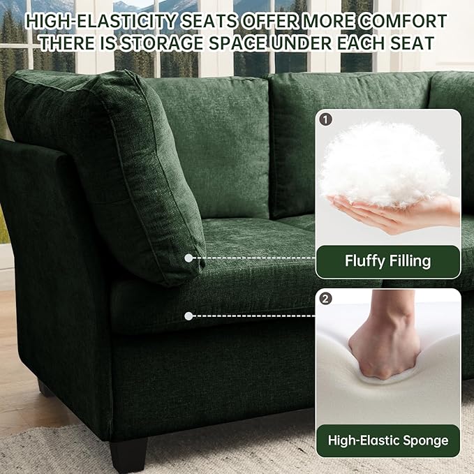 L Shaped Sofa Modern Sofa Modular sectional Cloud Couch with 1 Ottomans 5-seat Chenille deep-seat with Storage and 6 Pillows for Living Rooms bedrooms and Apartments (Green)