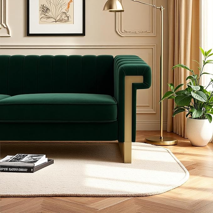 KEIKI 84 Velvet Sleek Channel-Tufted Sofa with Armrest and Back Cushions Modern Gold Accents 3-Seater Upholstery Couch with Solid Legs Easy Assembly for Living Room Bedroom Apartment Green