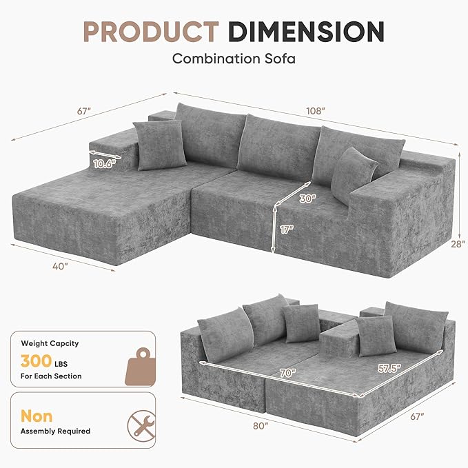 Homall 108 Modular Sectional Sofa Boneless Couch with L-Shape Chaise Cloud Couch with Deep Seat Upholstered No Assembly Required for Living Room Bedroom (Chenille Grey)