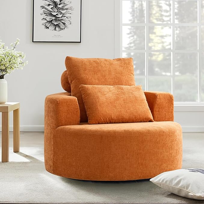 Furnimart 40 Oversized Barrel Accent Chair Set of 2 360° Swivel Round Upholstered Sofa Chenille High-Resilience Sponge No Assembly Wide Seat for Living Room Bedroom Apartment (Orange)