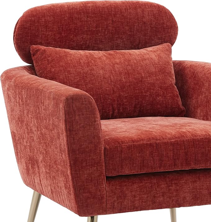 29.5W Modern Chenille Accent Chair Armchair Upholstered Reading Chair Single Sofa Leisure Club Chair with Gold Metal Leg and Throw Pillow for Living Room Bedroom Dorm Room Office Terracotta Chenille
