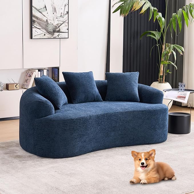 65” Blue Curved Couch&amp Loveseat Sofa with 3 Pillows Compression Couch with Round Armrest Suitable for Small Space Bedroom Living Room Memory Foam Chenille No Assembly (Blue)