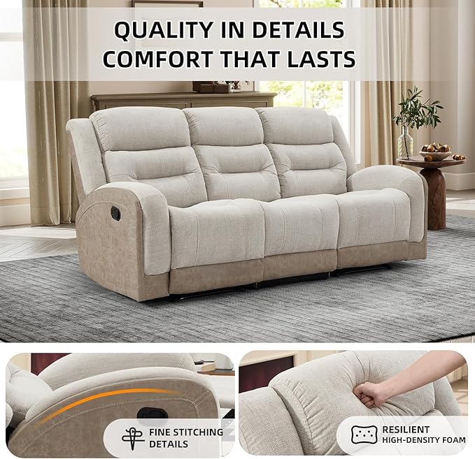 EBELLO 3-Seater Reclining Sofa Extra-Wide Manual Recliner with Padded Arms &amp Cushioned Seat Breathable Fabric and Faux Leather Design for Living Room or Home Theater Beige