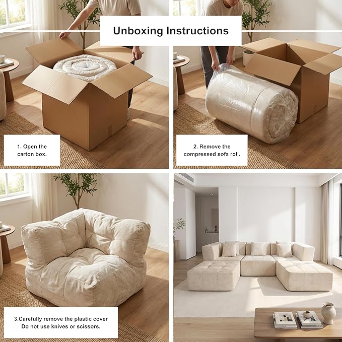 · REDEARTH · 5-Seater Modular Velvet Sectional Sofa No-Assembly U-Shaped Compressed Couch in a Box with Ottoman Boneless Modular System in Plush Velvet for Living Room (3-Seater + 2-Ottoman) Cream