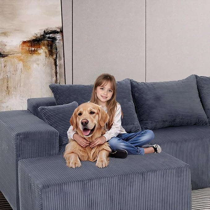 155 Oversized Cloud Boneless Couches for Living Room U-Shaped Modular Sectional Sofa with Deep Seat 8 Seater Boneless Couch with Ottoman &amp Pillows Corduroy DIY Combination Modular Couch Grey