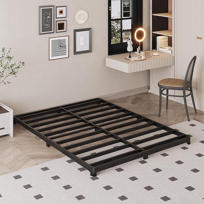 3 inch Low Full Size Bed Frame with Rounded Corner Heavy Duty Metal Easy Assembly Noise Free Black