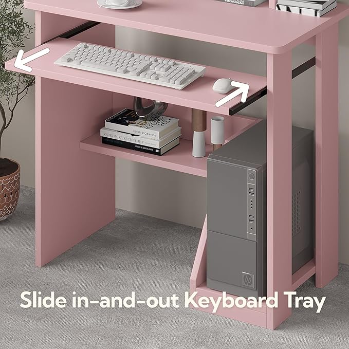 30 Inch Gaming Desk Computer Desk with Keyboard Tray Monitor Stand Storage Shelves CPU Stand Industrial Small Desk for Small Spaces Home Office Desk Pink