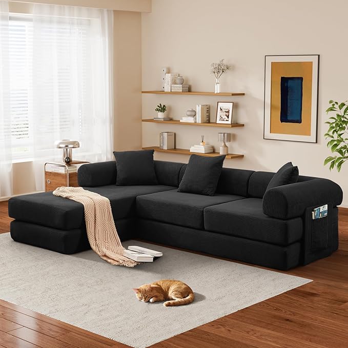 Modular L Shaped Sofa Bed with Cylindrical Pillow &amp Reversible Chaise Corduroy Convertible Floor Boneless Sofa Couch Bed with Fixed-Shape Frame &amp Storage Pocket for Living Room Black