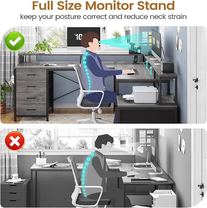 SEDETA L Shaped Desk with 6 Drawer 108 Home Office Desk with File Drawer &amp Power Outlet Corner Computer Desk with Monitor Shelf Two Person Desk Gaming Desk with Led Lights Grey