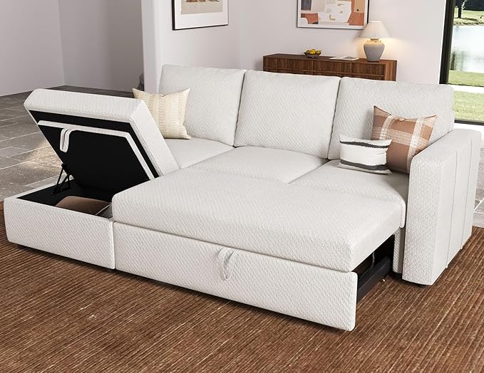 Belffin Modular Sectional Sleeper Sofa with Pull Out Bed and Storage Ottoman Convertible L Shape Sleeper Sectional Couch for Living Room Beige