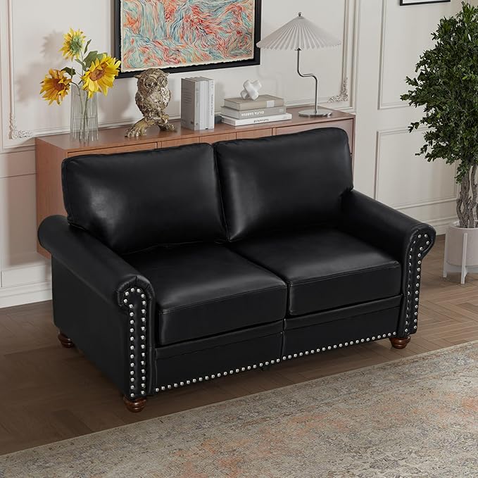 KEIKI 59.45 Chesterfield Sofa Retro Style Upholstered Faux Leather PU Couch with Storage Space Rolled Arm Nailhead for Living Room Bedroom Office Apartment Black