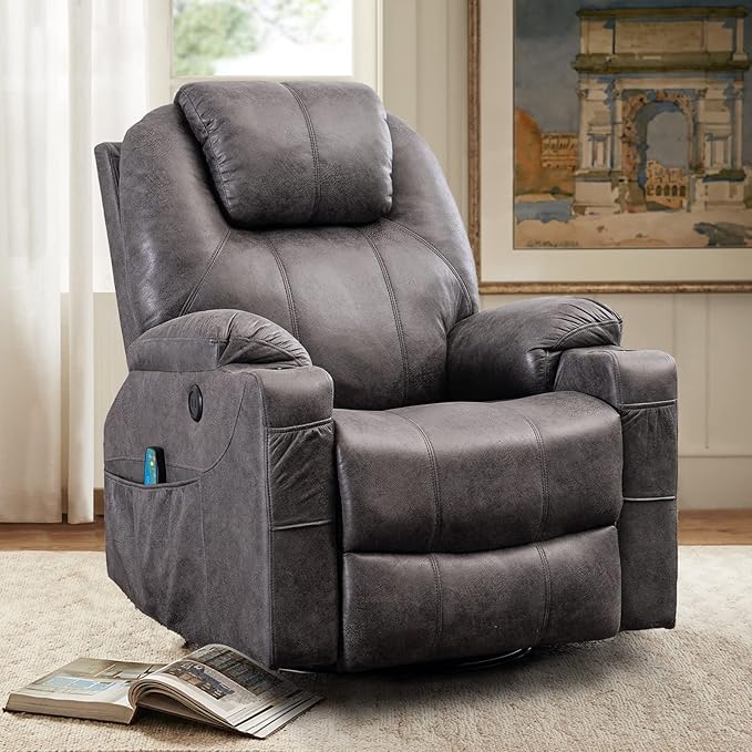 VIVIJASON Manual Massage Rocker Recliner Chair 360° Swivel Glider Lounge Chair with Heat Ergonomic Home Theater Recliner Sofa with 2 Side Pockets Cup Holders &amp USB Ports for Living Room Gray