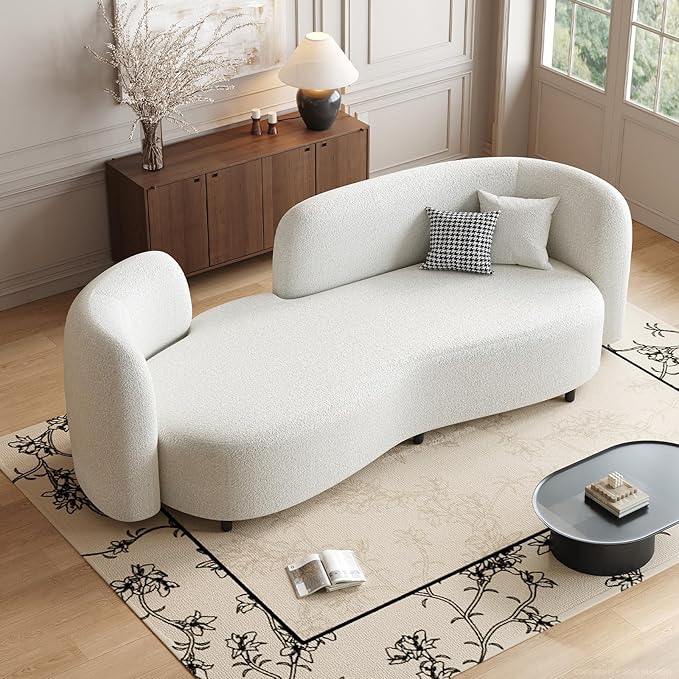 Modern Curved Sherpa Sofa Small Loveseat Couch with Solid Wood Frame &amp Thick Cushion Comfy Upholstered Sofa for Living Room or Apartment – Ivory White