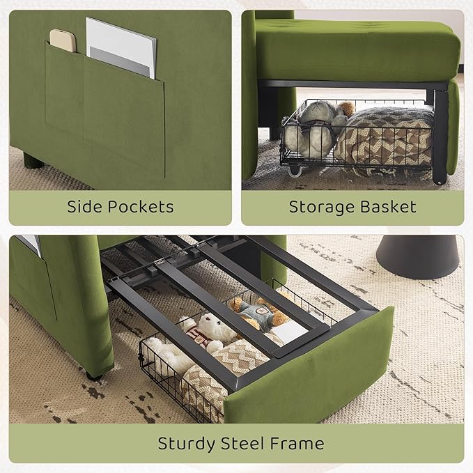 Bezseller Convertible Sofa Bed Chair 3-in-1 Sleeper Chair with Storage Drawer Pull Out Couch with Side Pocket Pillow and Adjustable Backrest for Small Spaces Living Room Green