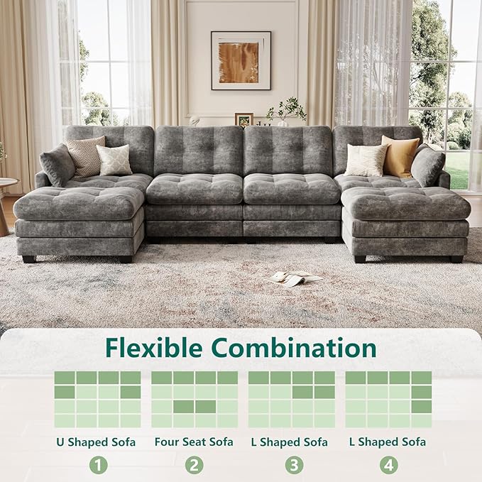 Modular Sectional U Shaped Sofa Couches for Living Room Cloud Couch with Movable Ottoman Comfy Chenille Sofa with Pillow for Bedroom and ApartmentDark Gray-Tufted