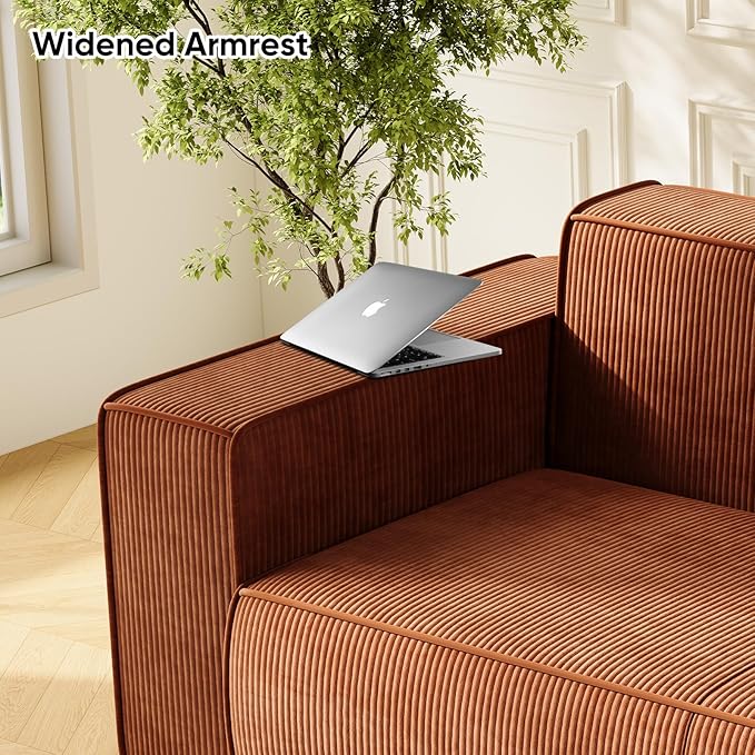 PUREMIND 3 Seater Corduroy Couch for Living Room 76 Modern Sofa in a Box No Installation &amp Easy to Transport Deep Seat Sofa with Wide Armrest Orange