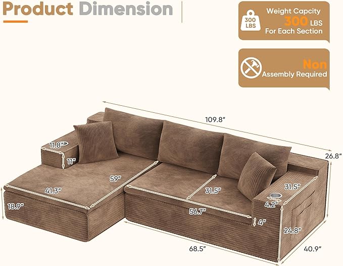 Homall 109 Boneless Couch with Memory Foam Modular Sectional Sofa with L-Shape Chaise Cloud Couch with Deep Seat Dual Cup Holders &amp Side Pockets No Assembly Required (Brown)