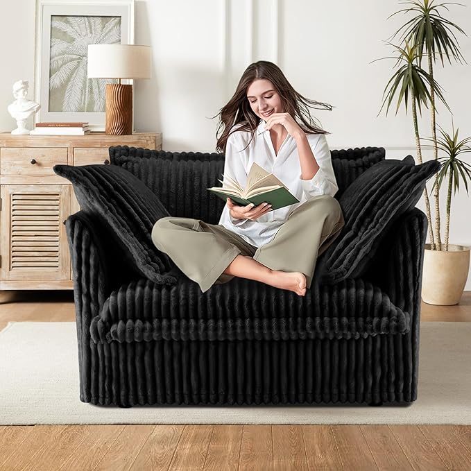 49''W Corduroy Chaise Lounge Chair Indoor Oversized Upholstered Sleeper Sofa with Movable Ottoman and 2 Pillows Removable Sofa Cover for Living Room Home Theater Apartment(Black)