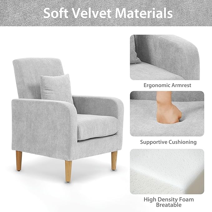 Upholstered Sofa Chair with Pillow Fabric Accent Armchair with Wooden Legs Comfy Lounge Chair for Living Room Bedroom or Office Supports up to 300 lbs (Gray)