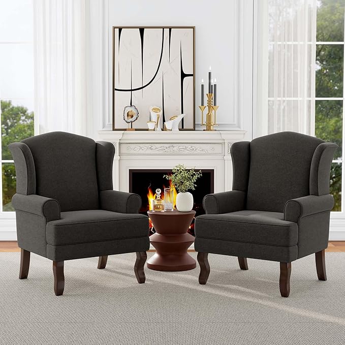 Accent Chair High Back Upholstered Armchair with High Resilience Sponge &amp Wood Legs Mid-Century Modern Comfy Single Sofa Reading Chairs for Living Room Bedroom (Dark Grey Set of 1)
