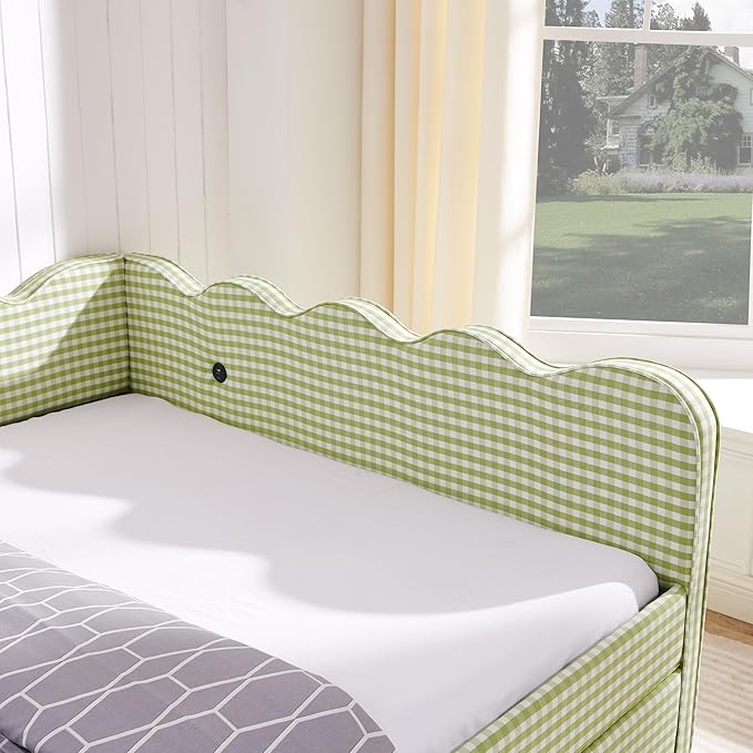 Cozy Gingham Daybed with 2 Drawers Queen Size Sofa Bed No Box Spring Needed with USB Port and Adorable Wave Shaped Linen Fabric Navy (Green+Queen+2 Drawers)