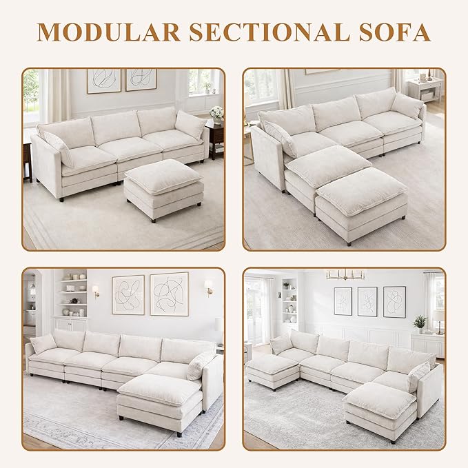 108 U Shaped Couch Modular Sectional Sofa Chenille Cloud Couch with Movable Ottoman 3 Deep Seat Small Sectional Couch Comfy Couch for Living Room (Beige 3 Seater with 2 Ottoman)