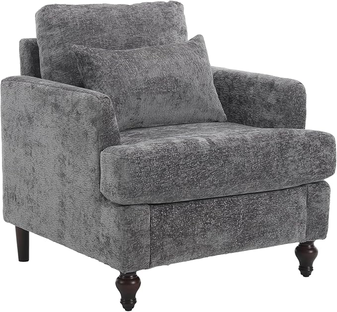 Mid Century Modern Accent Chair with 2 Pillows Chenille Upholstered Armchair with Solid Wood Legs and Thick Cushion Tufted Club Chair Comfy Reading Chair Lounge Chair for Living Room Bedroom Grey