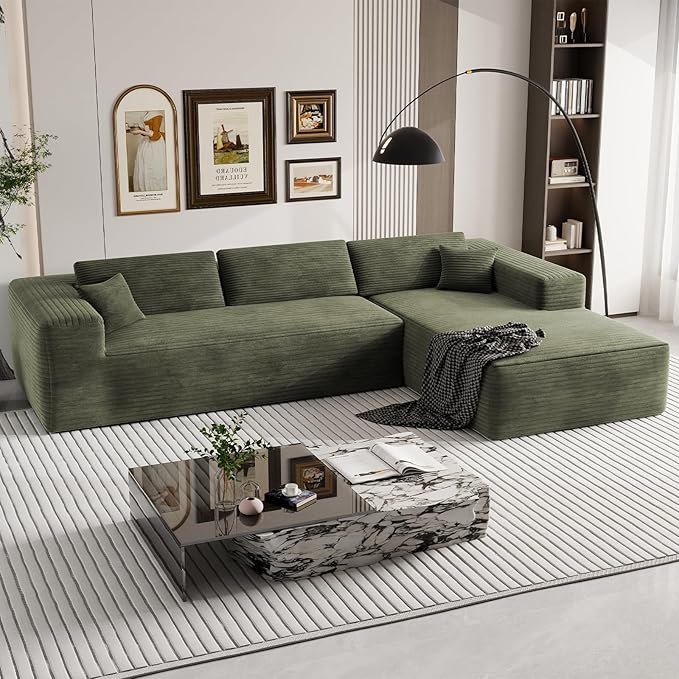108 Cloud Sectional Couch with L-Shape ChaiseModern Corduroy Boneless Sofa with Deep SeatWide Armrest High Rebound Living Room Sectional CouchNo Assembly Required(Right ChaiseGreen)