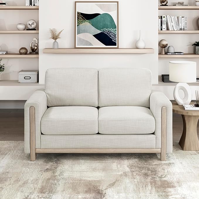 Lexicon Modern Upholstered Living Room Loveseat Textured Fabric Love Seat Track Arm Wood Frame and Natural Finish Wood Legs Reversible Back Cushion No Assembly Beige