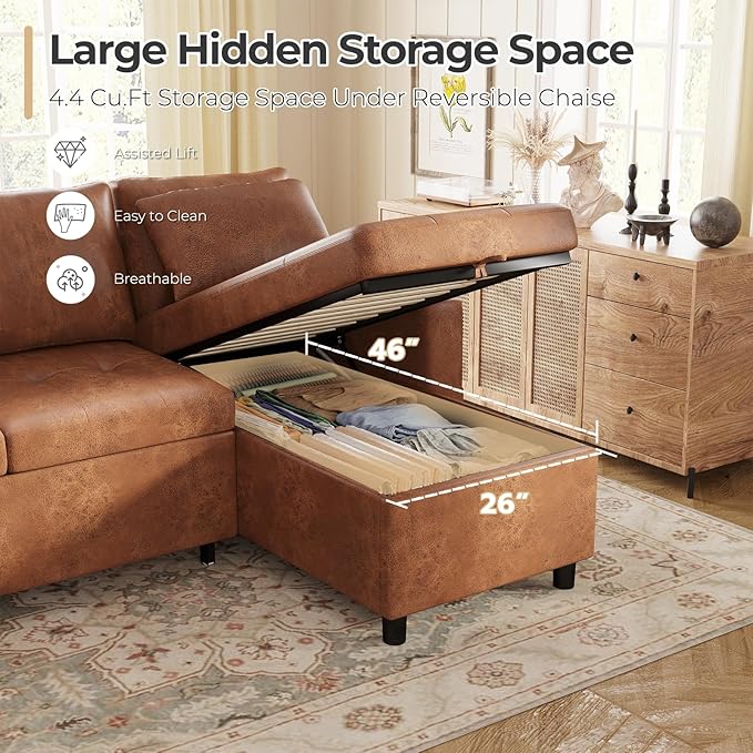 Leather Sleeper Sofa Couch with Pullout Bed 80'' Sofa Bed Pull Out Couch with Reversible Storage Chaise Sectional Couches with USB Charging Ports&ampCup Holders for Living Room Brown