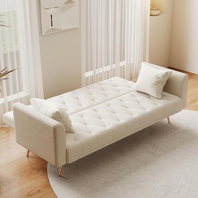 Anwick 72''Modern Velvet Sofa Bed FutonConvertible Folding Sleeper Couches with 3 Adjustable BackrestsTufted Recliner Love Seat Golden Chrome Legs for Living Room Apartment Home Office (Beige)