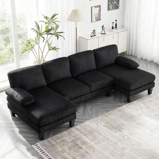 Karl home 111 Sectional Sofa U-Shaped 4-Seat Couch with Chaises Wood Grian Legs Corduroy Fabric Upholstered for Living Room Apartment Office Black
