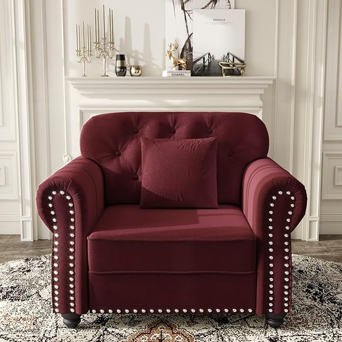 41.3 Burgundy Upholstered Velvet Sofa with Ottoman &amp Pillow Mid-Century Button Tufted Chesterfield Couch Nailhead Trim &amp Rolled Arms Bedroom or Living Room Accent Seating