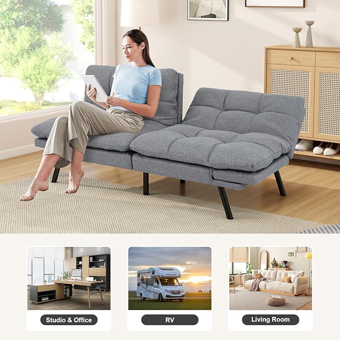 Opoiar Futon Sofa Bed Convertible Memory Foam Foldable Couch Modern Sleeper Loveseat with Adjustable Armrests&ampBackrests for Small Spaces Office Studio Apartment Dorm Game Room