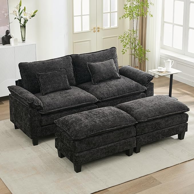 URRED Cloud Couch Modular Sectional Sofa 87 Modern Loveseat Sofa with 2 Ottomans &amp Pillows Ultra Comfy Chenille Couches for Living Room Bedroom or Apartment Black