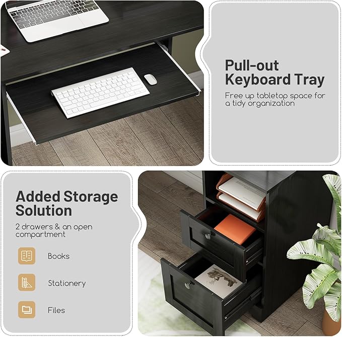 Tangkula 66” x 66” L-Shaped Office Desk with Power Outlets Modern Home Office Computer Desk with 2 Drawers Cabinet Adjustable Shelf &amp Keyboard Tray Corner Executive Desk for Working Writing