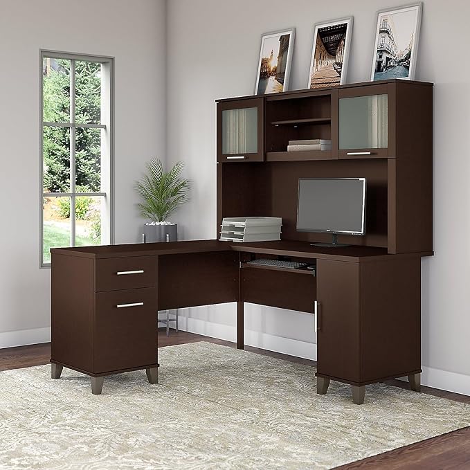 Bush Home Somerset 60W L Shaped Desk with Hutch in Mocha Cherry