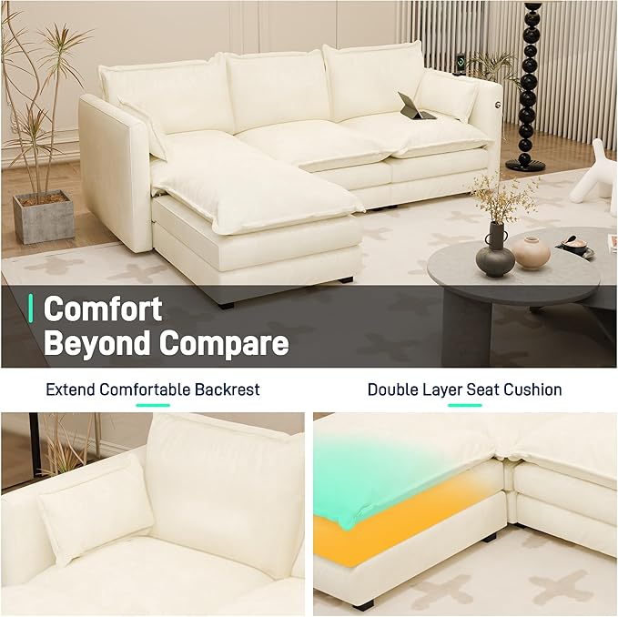 DYHOME l Shaped Sectional Couch with Padded Armrests Modern Modular Sectional Sofa 3 Seat with USB/Type-C Charging Port 27 Inch Deep Seat Chenille Cloud Couch with 5 Pillow for Living Room Bedroom