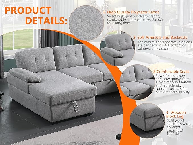 BEEY Sofa Bed 118 Oversized Sleeper Sectional Sofa with Storage Chaise U Shaped Sectional Couch with Pull Out Bed 6 Seater Pull Out Couch Bed for Living Room Bedroom (Light Grey_4 Seater)