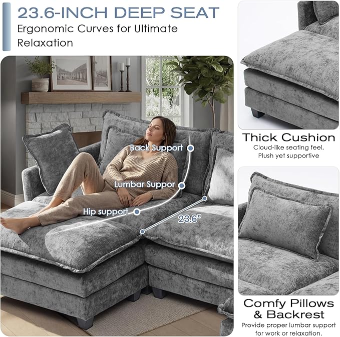 113.4 L-Shaped Modular Sectional Sofa with Ottoman Comfy Cloud Couch with Deep Seat (23.6 D) Solid Wood FrameBeige/Gray/Blue/Black for Living Room Small Apartment (Grey 3 Seat)