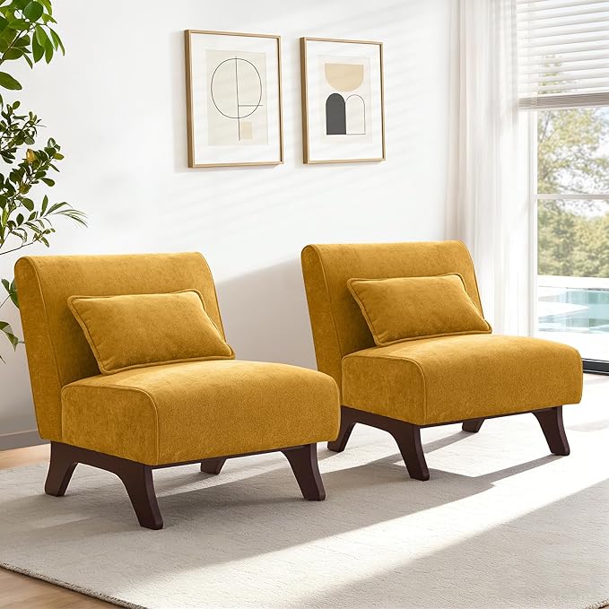 Set of 2 Upholstered Armless Accent ChairModern Comfy Living Room Chairs with Wooden Legs&amp PillowsLounge Sofa Side Chair for Bedroom Farmhouse Reading (Yellow 2 PCS)