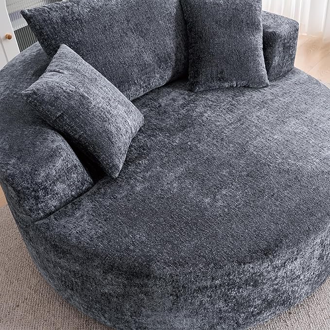 54.5 Grey Oversized Swivel Barrel Chair - Chenille Comfy Modern Sofa Chair Fluffy Upholstered Round Accent Chair Cloud Lounge Armchair with 3 Pillows for Living Room Apartment
