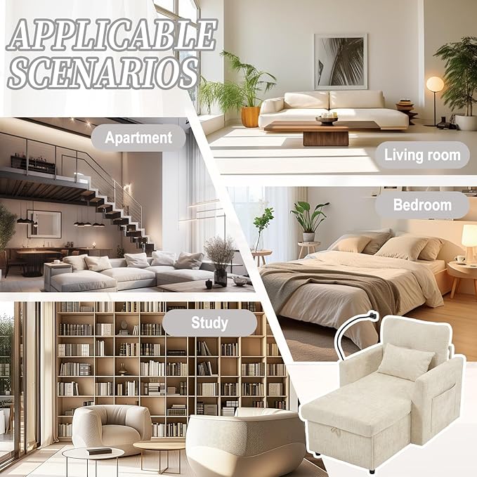 32 Comfy Chaise Lounge Sofa Bed Chair with Storage Side Pockets Phone Holder &amp 2 Pillows Modern Chenille Upholstered Sleeper Sofa Leisure Chair for Living Room Bedroom Small Spaces (Beige)