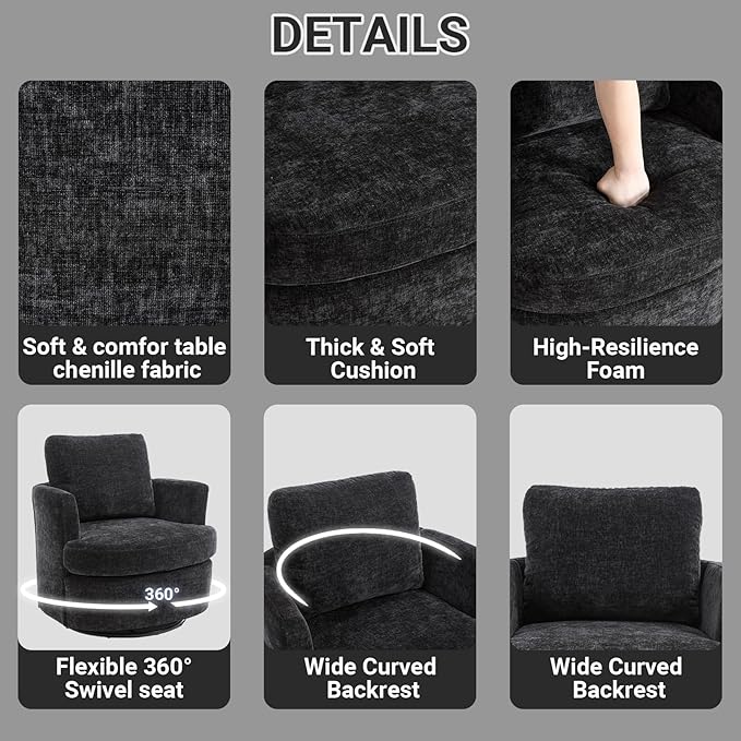 Vanity ChairSwivel Accent Chair 360 Degree Round Swivel Barrel Chair Upholstered Comfy Swivel Chairs for Living RoomAccent Chairs for Bedroom Reading RoomPowder RoomBlack