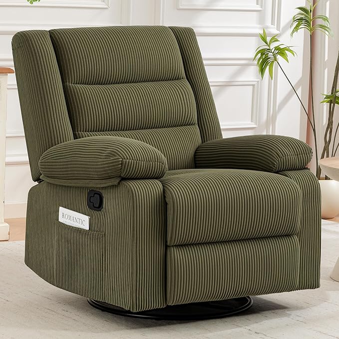 360° Swivel Rocker Recliner Chair for Adults Manual Reclining Chair with Comfortable Arms and Back Upholstered Glider Rocking with Side Pockets for Living Room Bedroom Corduroy Green