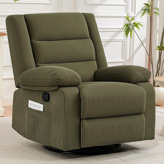 360° Swivel Rocker Recliner Chair for Adults Manual Reclining Chair with Comfortable Arms and Back Upholstered Glider Rocking with Side Pockets for Living Room Bedroom Corduroy Green